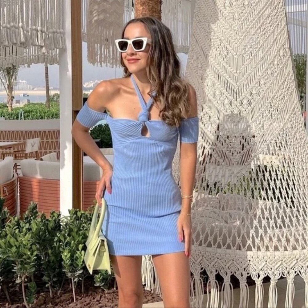 Zara Sky Blue Knot Halter Rib Dress Size Medium